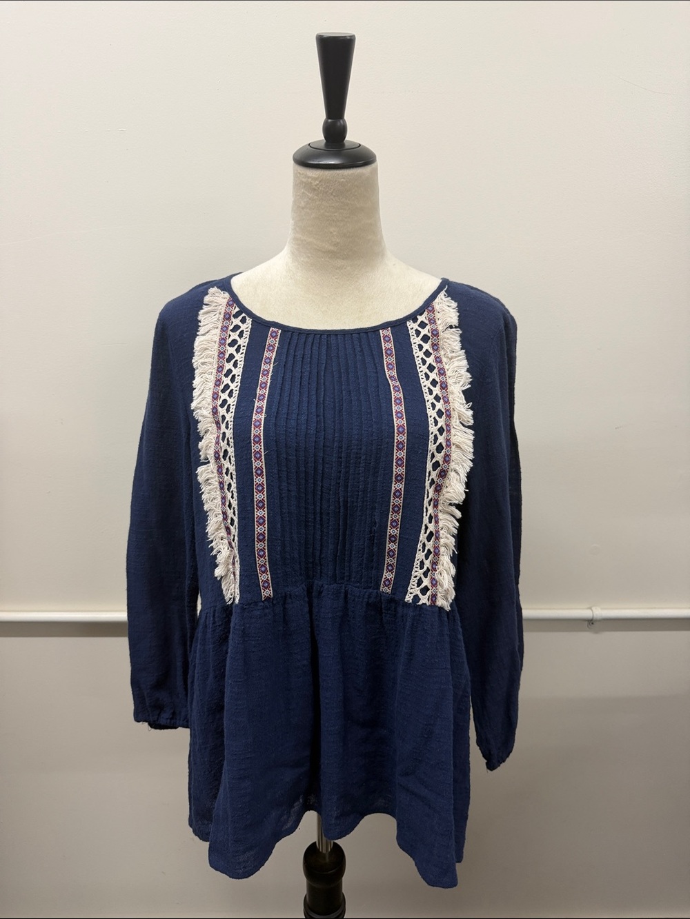 ENTRO Navy Boho Fringe Peasant Top